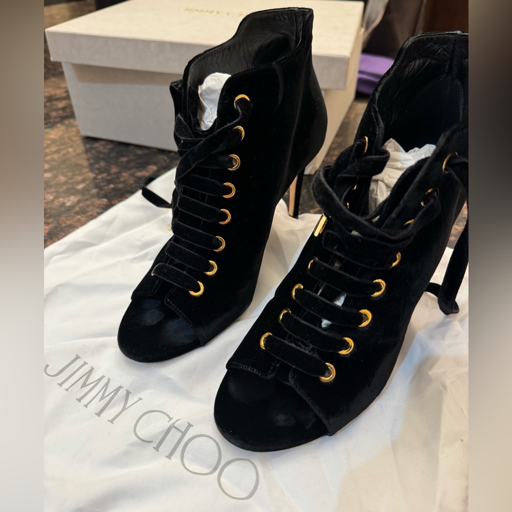 Jimmy Choo open toe black velvet bootie with gold hardware